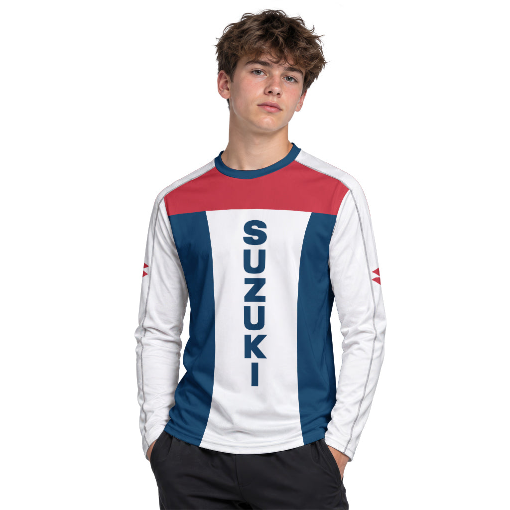 Suzuki Blue White Red Factory Racing Youth Long Sleeve Motocross Jersey – Boy Lifestyle View