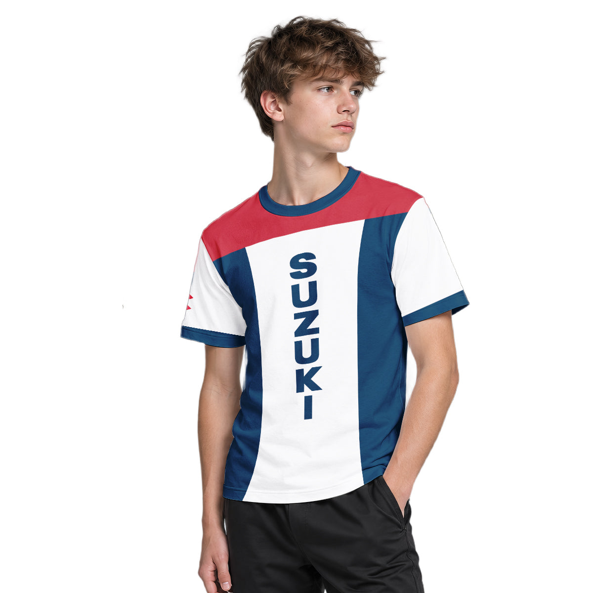 Suzuki Blue White Red Factory Racing Youth Short Sleeve Motocross Jersey – Boy Lifestyle View