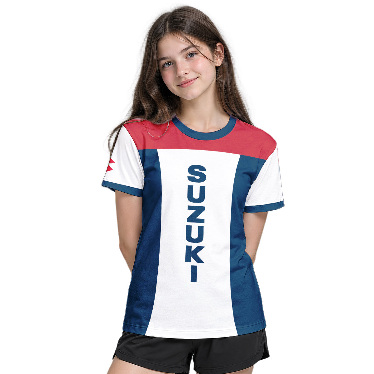 Suzuki Blue White Red Factory Racing Youth Short Sleeve Motocross Jersey – Girl Lifestyle View