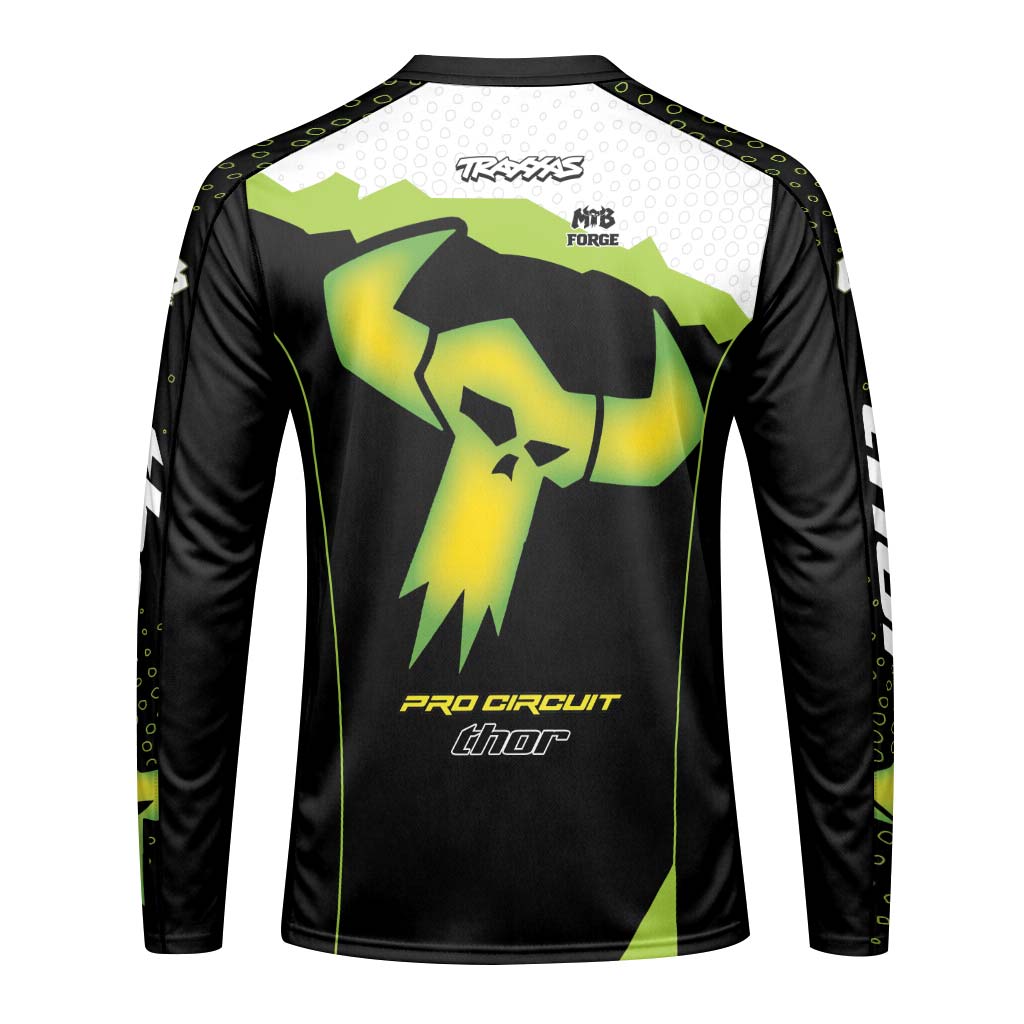 Thor Pro Circuit Neon Green Skull Long Sleeve Motocross Jersey – Back View Mockup