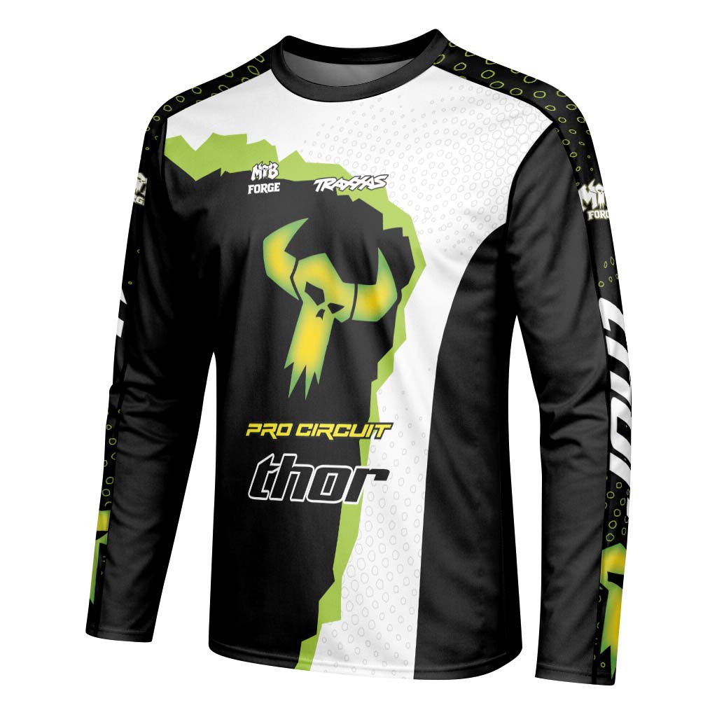 Thor Pro Circuit Neon Green Skull Long Sleeve Motocross Jersey – Left Side View Mockup