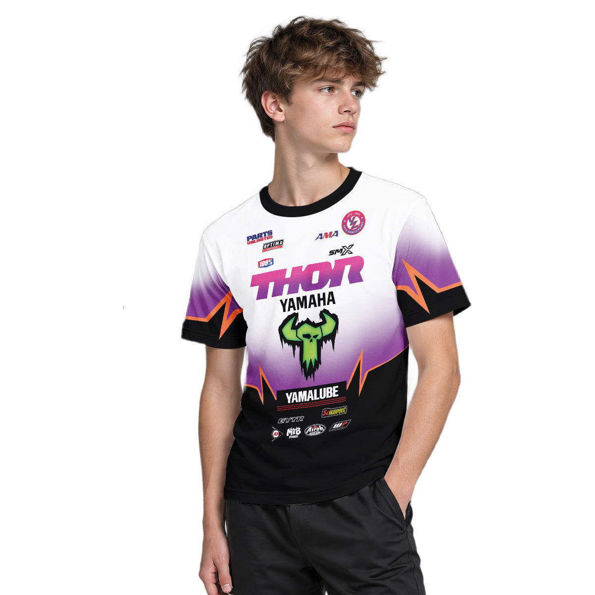 Thor Yamaha Purple Orange Factory Racing Youth Short Sleeve Motocross Jersey – Boy Lifestyle View