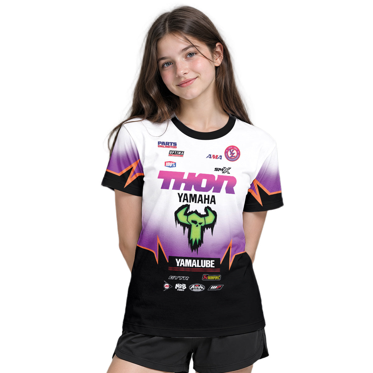 Thor Yamaha Purple Orange Factory Racing Youth Short Sleeve Motocross Jersey – Girl Lifestyle View