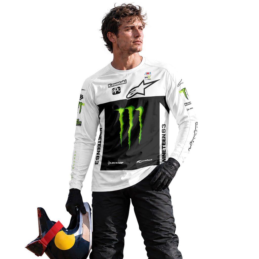 Tomac 1 Monster Energy Kawasaki White Black Long Sleeve Motocross Jersey - lifestyle view