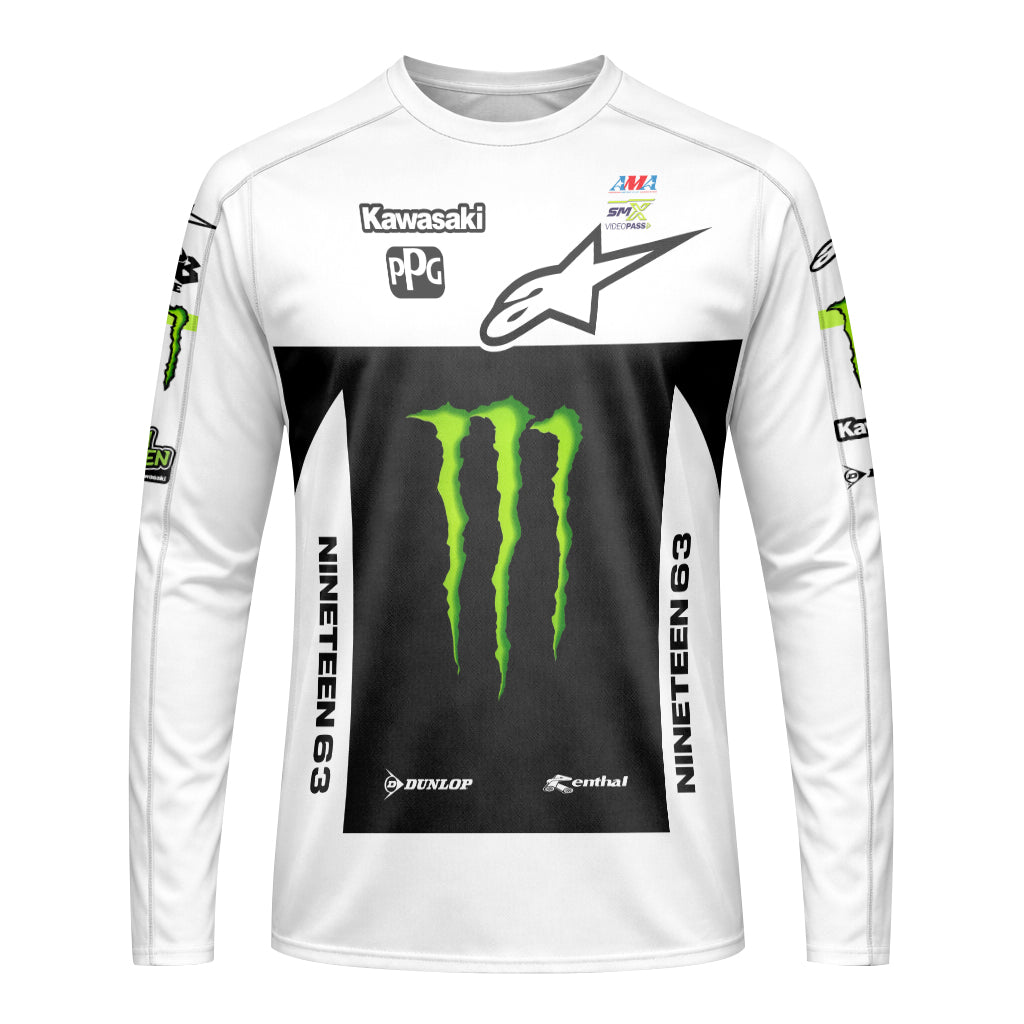 Tomac 1 Monster Energy Kawasaki White Black Long Sleeve Motocross Jersey - front view mockup
