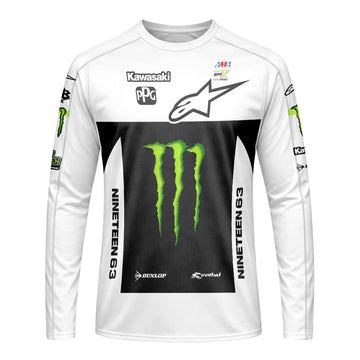 Tomac 1 Monster Energy Kawasaki White Black Long Sleeve Motocross Jersey - front view mockup