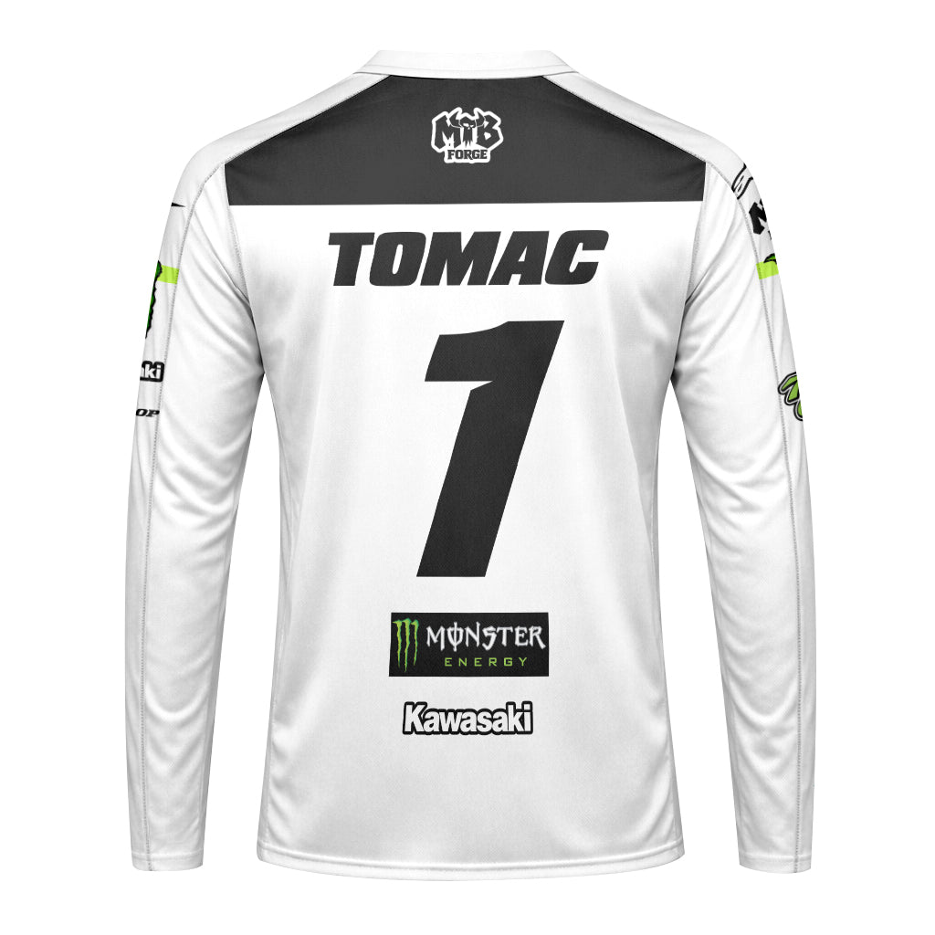 Tomac 1 Monster Energy Kawasaki White Black Long Sleeve Motocross Jersey - front view mockup