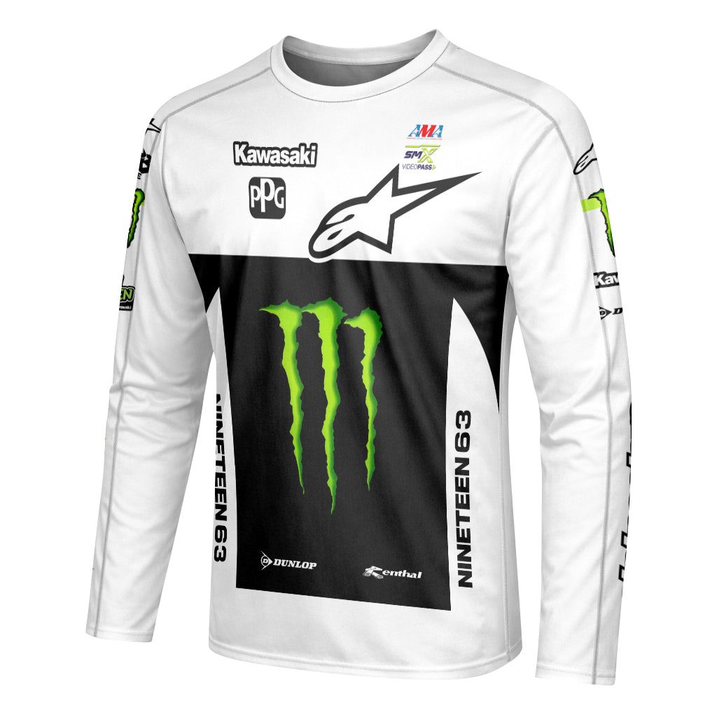 Tomac 1 Monster Energy Kawasaki White Black Long Sleeve Motocross Jersey - left side mockup