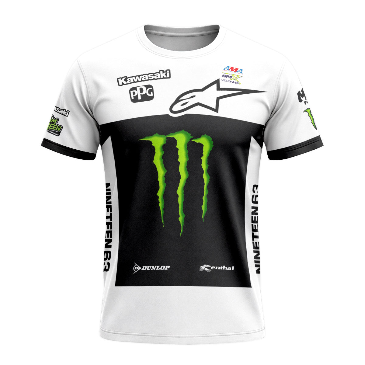 Tomac 1 Monster Energy Kawasaki White Black Short Sleeve Motocross Jersey - front view mockup