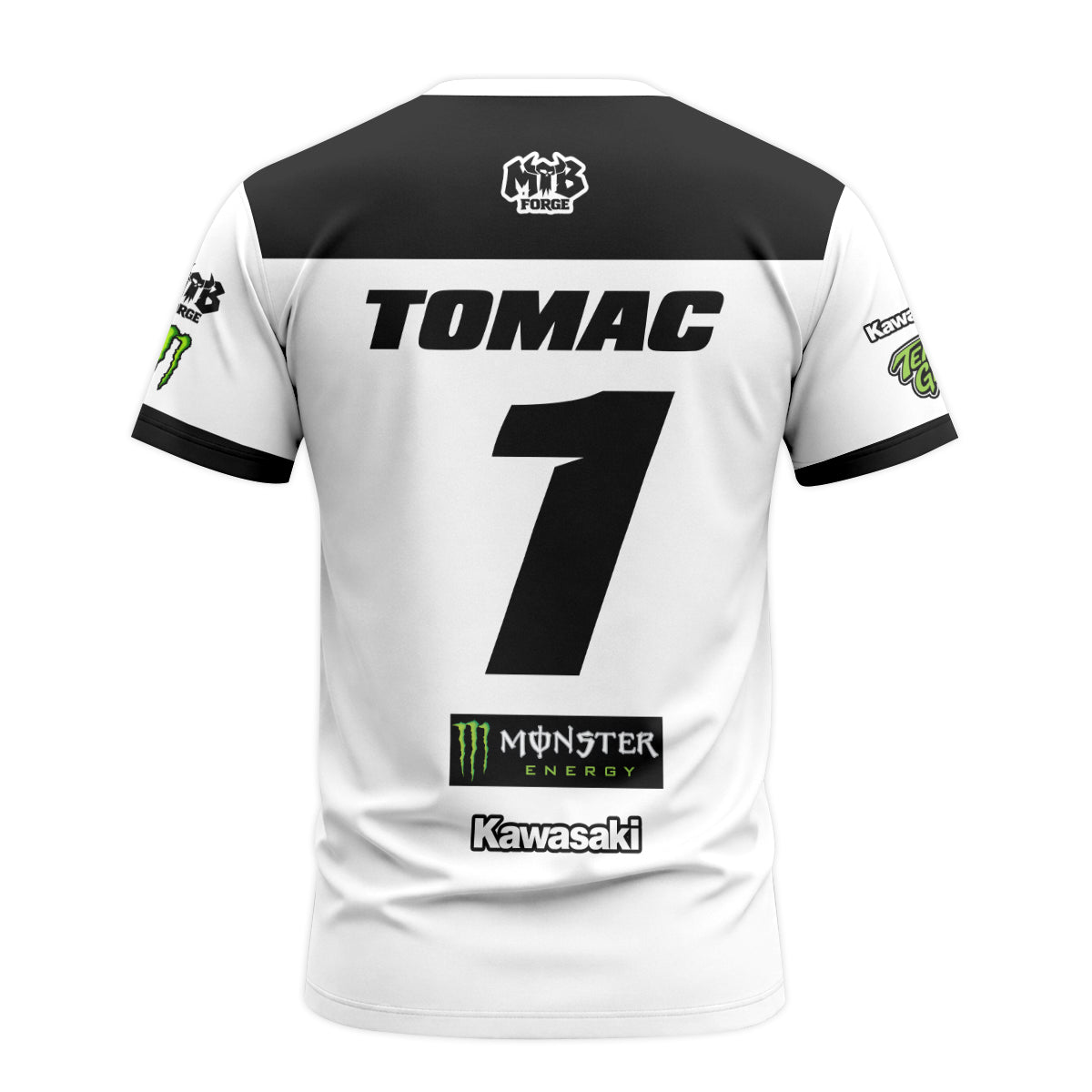 Tomac 1 Monster Energy Kawasaki White Black Short Sleeve Motocross Jersey - back view mockup