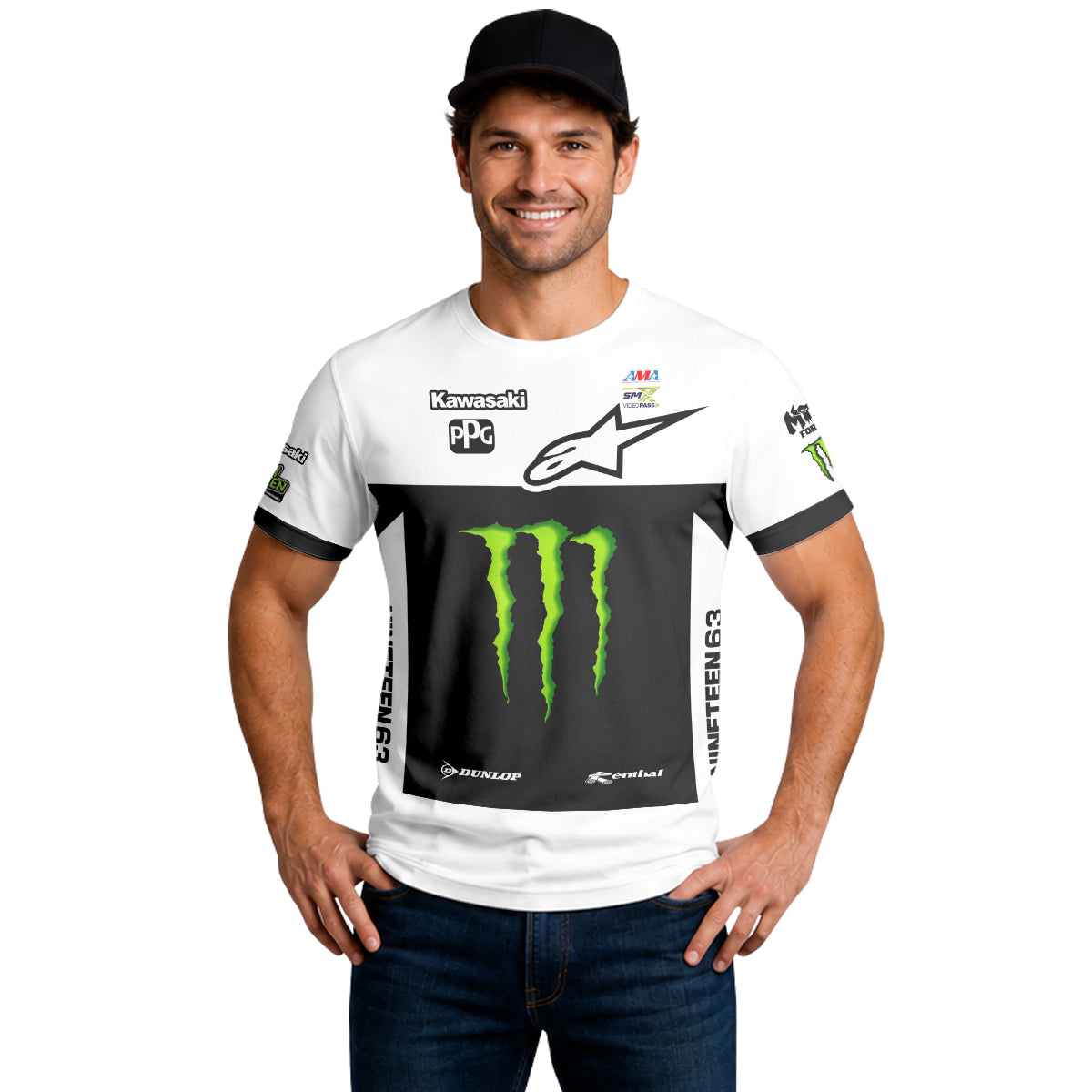 Tomac 1 Monster Energy Kawasaki White Black Short Sleeve Motocross Jersey - lifestyle view
