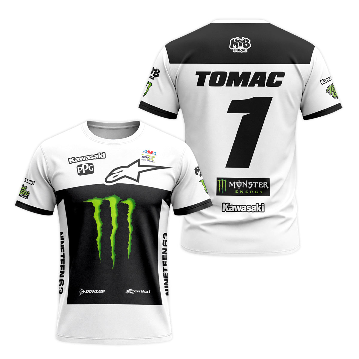 Tomac 1 Monster Energy Kawasaki White Black Short Sleeve Motocross Jersey - front and back view