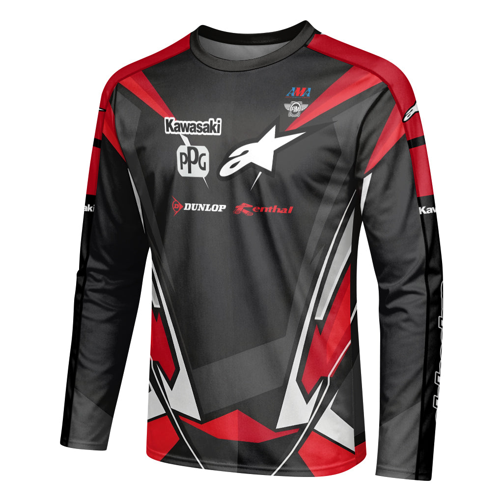 Tomac #3 Kawasaki Alpinestars Black Red Long Sleeve Motocross Jersey – Left Side View Mockup