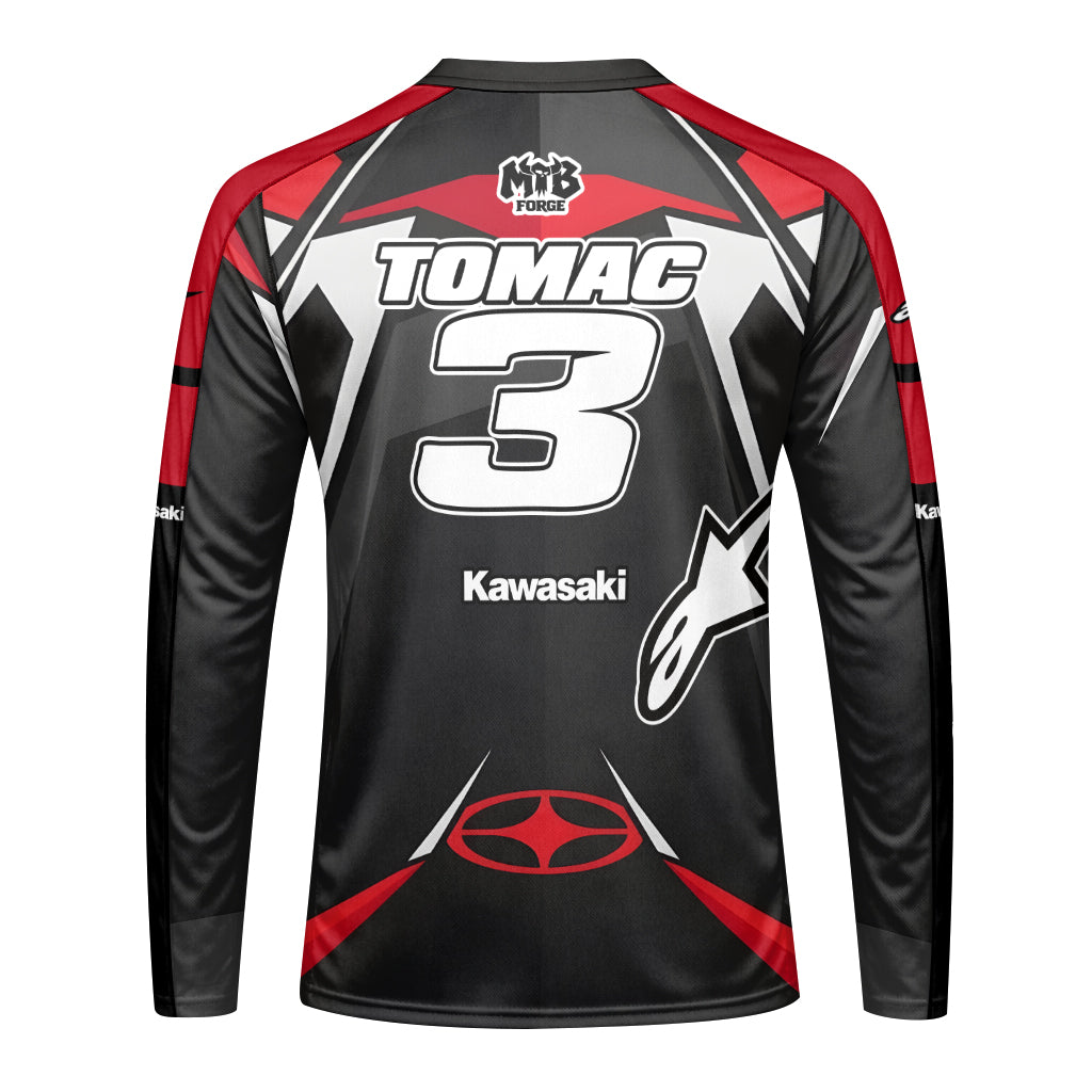 Tomac #3 Kawasaki Alpinestars Black Red Youth Long Sleeve Motocross Jersey – Back View Mockup