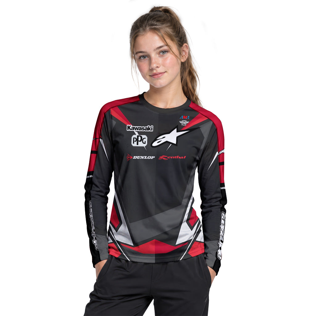 Tomac #3 Kawasaki Alpinestars Black Red Youth Long Sleeve Motocross Jersey – Girl Lifestyle View