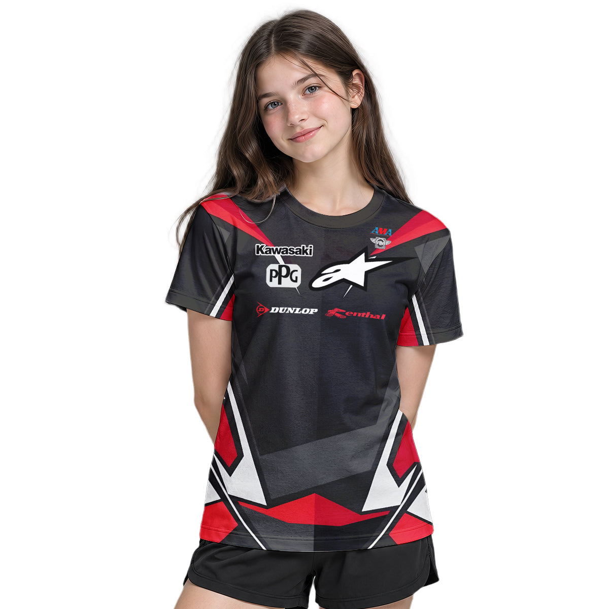 Tomac #3 Kawasaki Alpinestars Black Red Youth Short Sleeve Motocross Jersey – Girl Lifestyle View