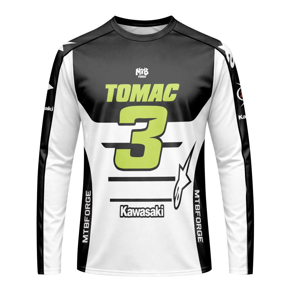 Tomac 3 Kawasaki Black White Long Sleeve Motocross Jersey – Front View Mockup