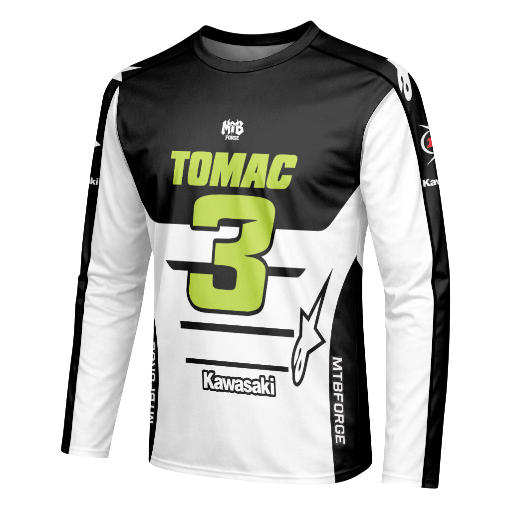 Tomac 3 Kawasaki Black White Long Sleeve Motocross Jersey – Left Side View Mockup