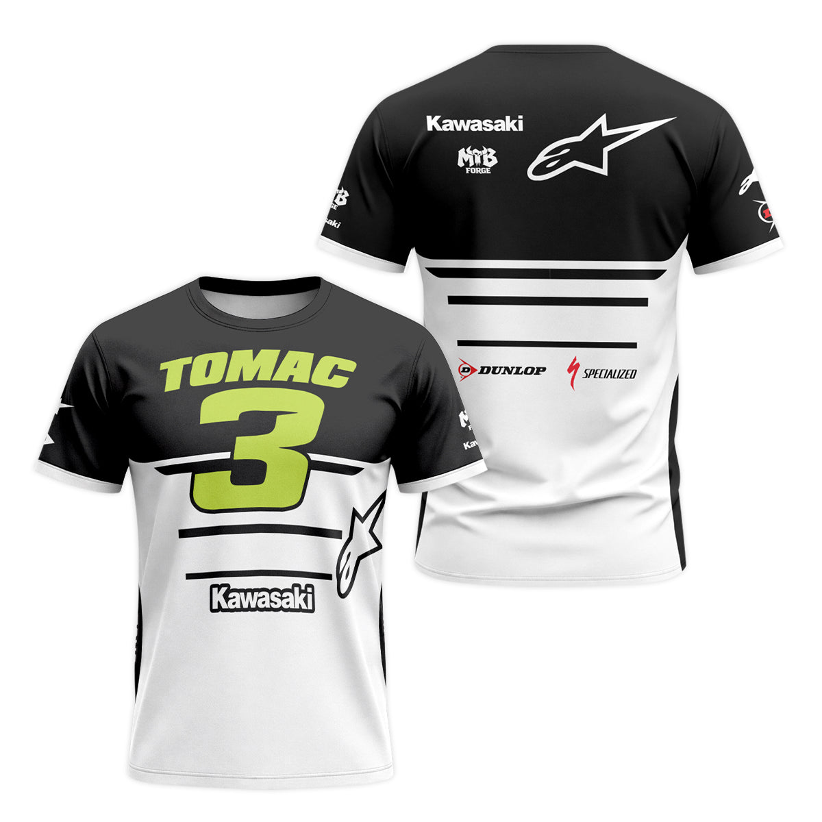 Tomac 3 Kawasaki Black White Short Sleeve Motocross Jersey – Front and Back View