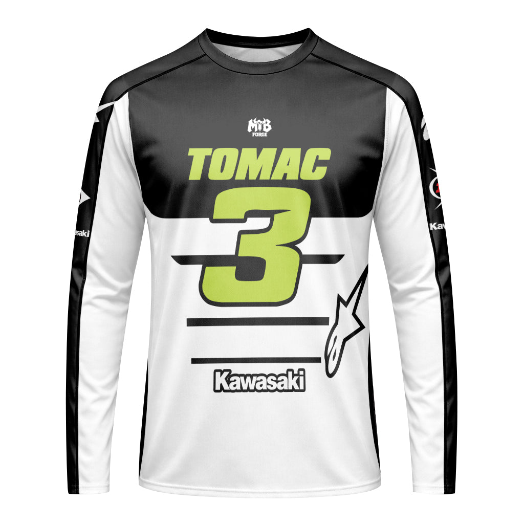 Tomac 3 Kawasaki Black White Youth Long Sleeve Motocross Jersey – Front View Mockup