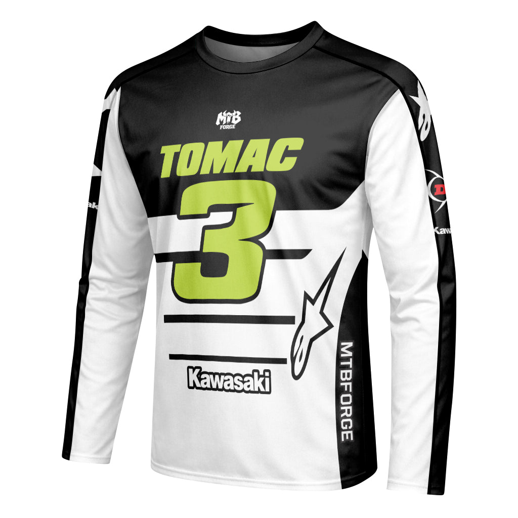 Tomac 3 Kawasaki Black White Youth Long Sleeve Motocross Jersey – Left Side View Mockup