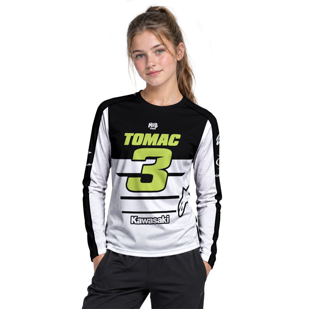 Tomac 3 Kawasaki Black White Youth Long Sleeve Motocross Jersey – Girl Lifestyle View