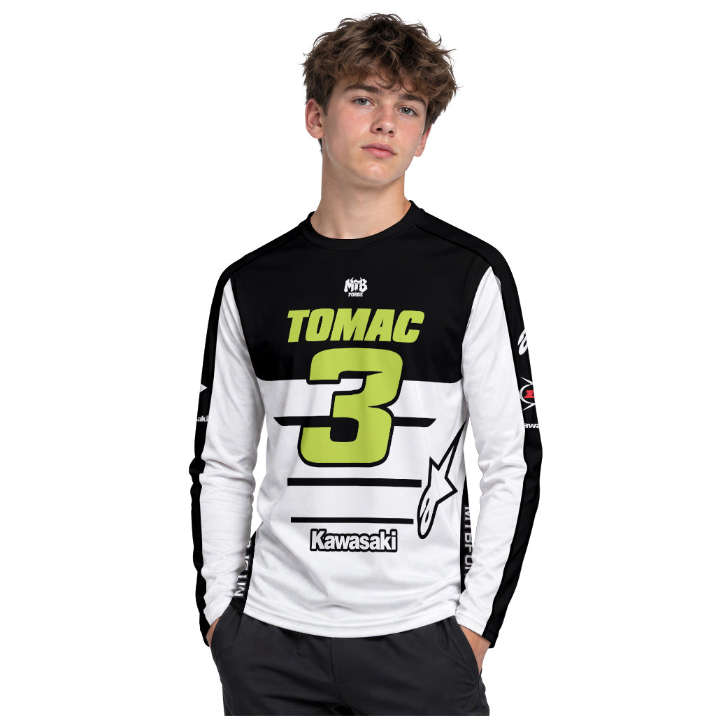 Tomac 3 Kawasaki Black White Youth Long Sleeve Motocross Jersey – Boy Lifestyle View