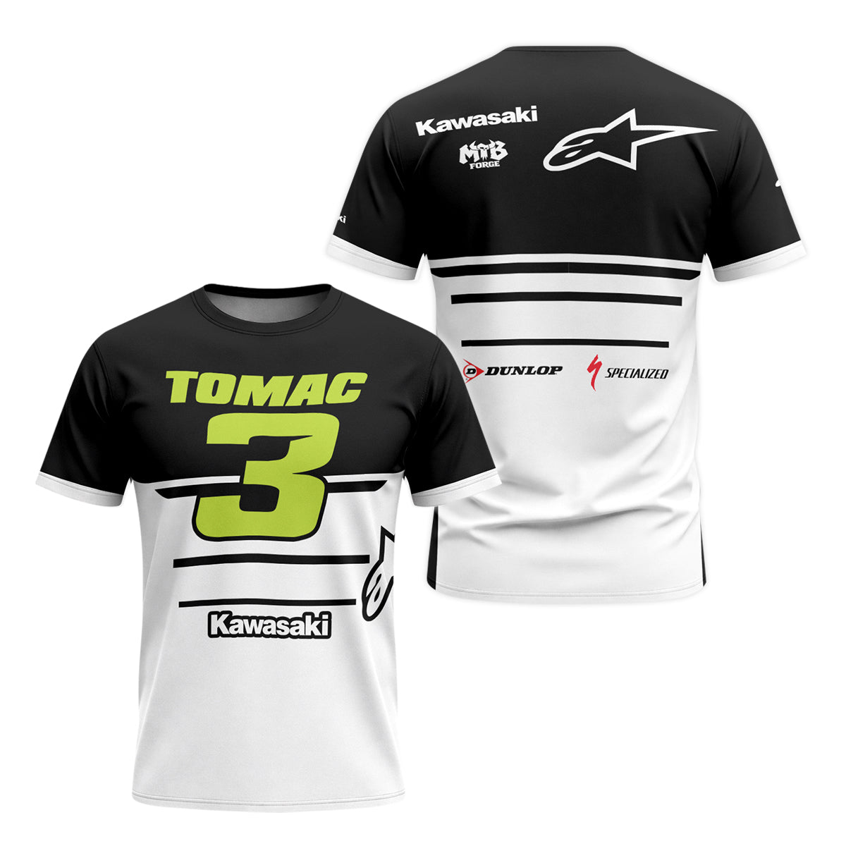 Tomac 3 Kawasaki Black White Youth Short Sleeve Motocross Jersey – Front and Back View
