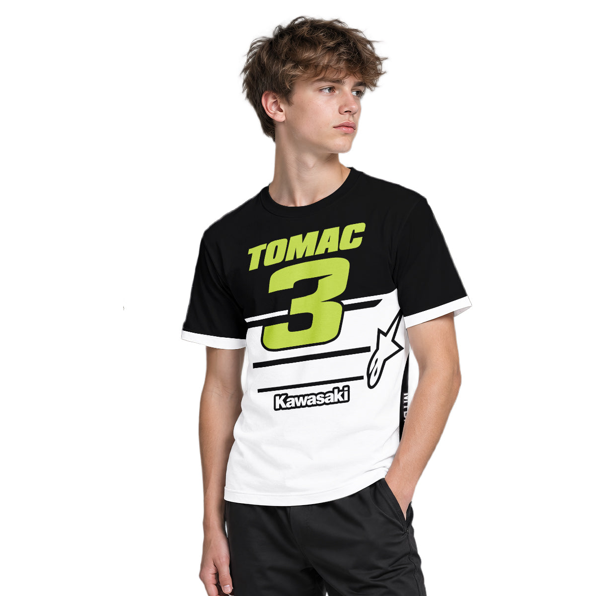 Tomac 3 Kawasaki Black White Youth Short Sleeve Motocross Jersey – Boy Lifestyle View
