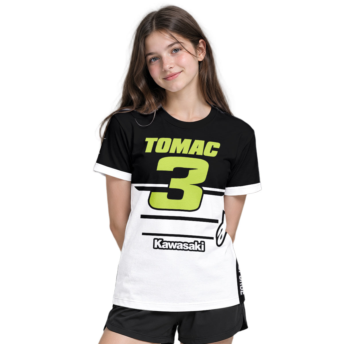 Tomac 3 Kawasaki Black White Youth Short Sleeve Motocross Jersey – Girl Lifestyle View