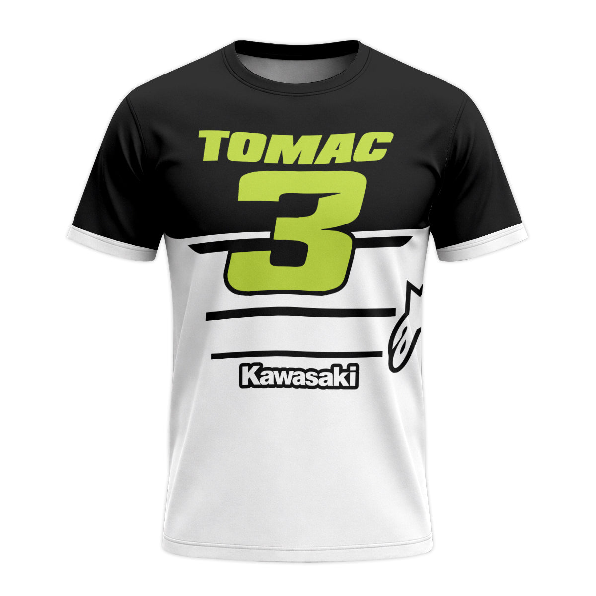 Tomac 3 Kawasaki Black White Youth Short Sleeve Motocross Jersey – Front View Mockup
