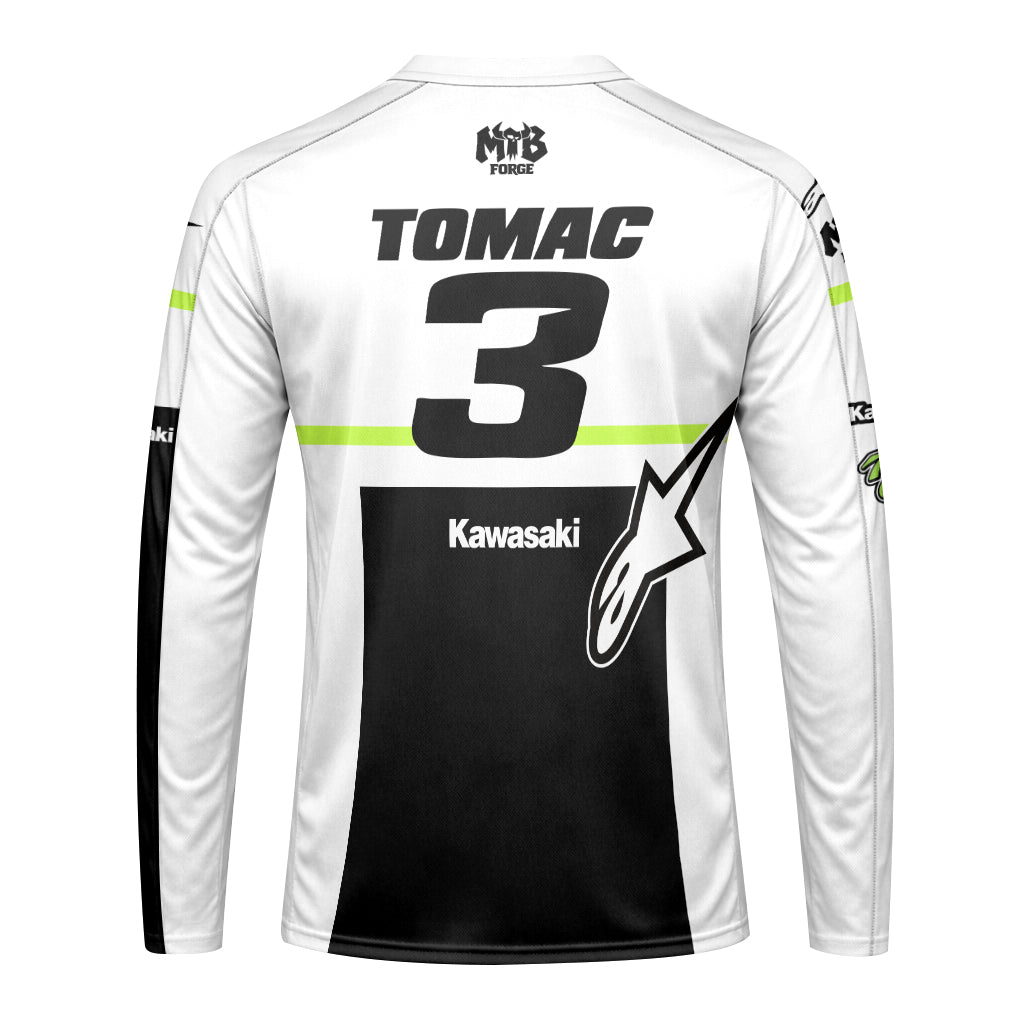 Tomac 3 Kawasaki White Black Long Sleeve Motocross Jersey - back view mockup