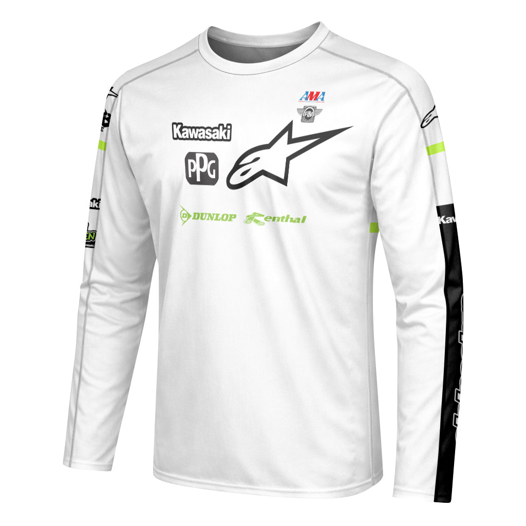 Tomac 3 Kawasaki White Black Long Sleeve Motocross Jersey - left side mockup