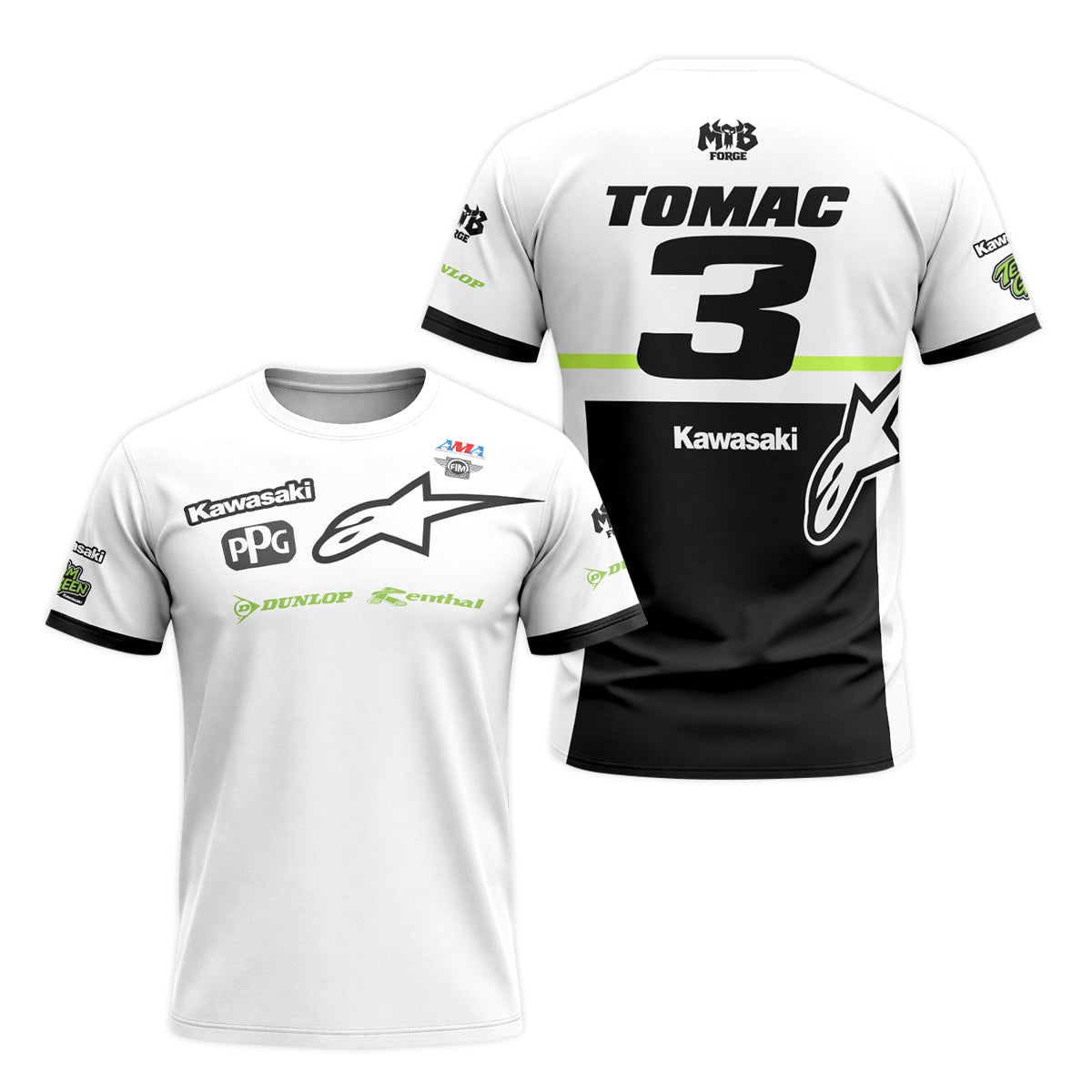Tomac 3 Kawasaki White Black Short Sleeve Motocross Jersey - front and back view