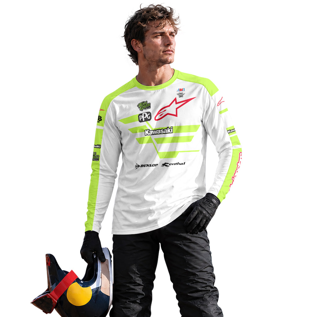 Tomac 3 Kawasaki White Neon Green Long Sleeve Motocross Jersey – Lifestyle View
