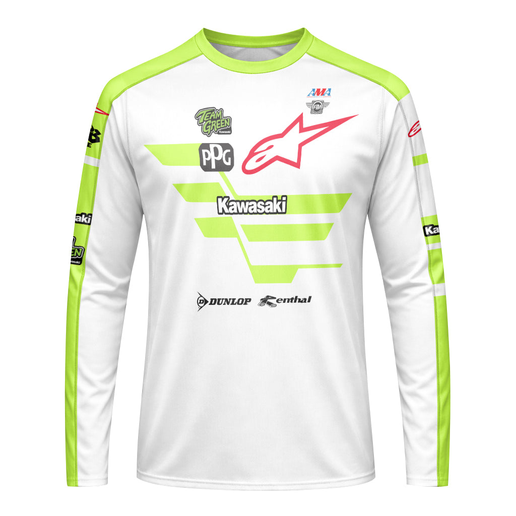 Tomac 3 Kawasaki White Neon Green Long Sleeve Motocross Jersey – Front View Mockup