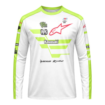 Tomac 3 Kawasaki White Neon Green Long Sleeve Motocross Jersey – Front View Mockup