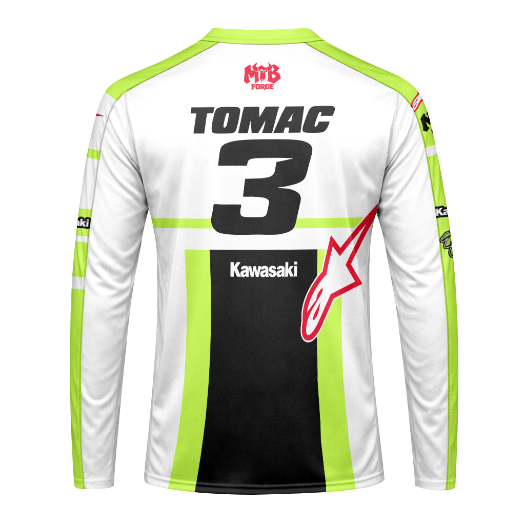 Tomac 3 Kawasaki White Neon Green Long Sleeve Motocross Jersey – Back View Mockup