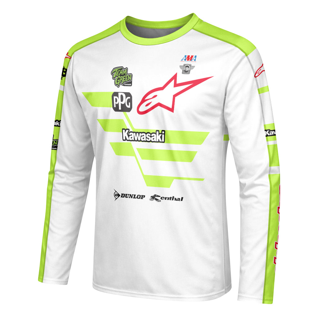 Tomac 3 Kawasaki White Neon Green Long Sleeve Motocross Jersey – Left Side View Mockup