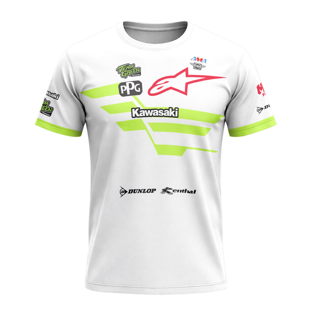 Tomac 3 Kawasaki White Neon Green Short Sleeve Motocross Jersey – Front View Mockup