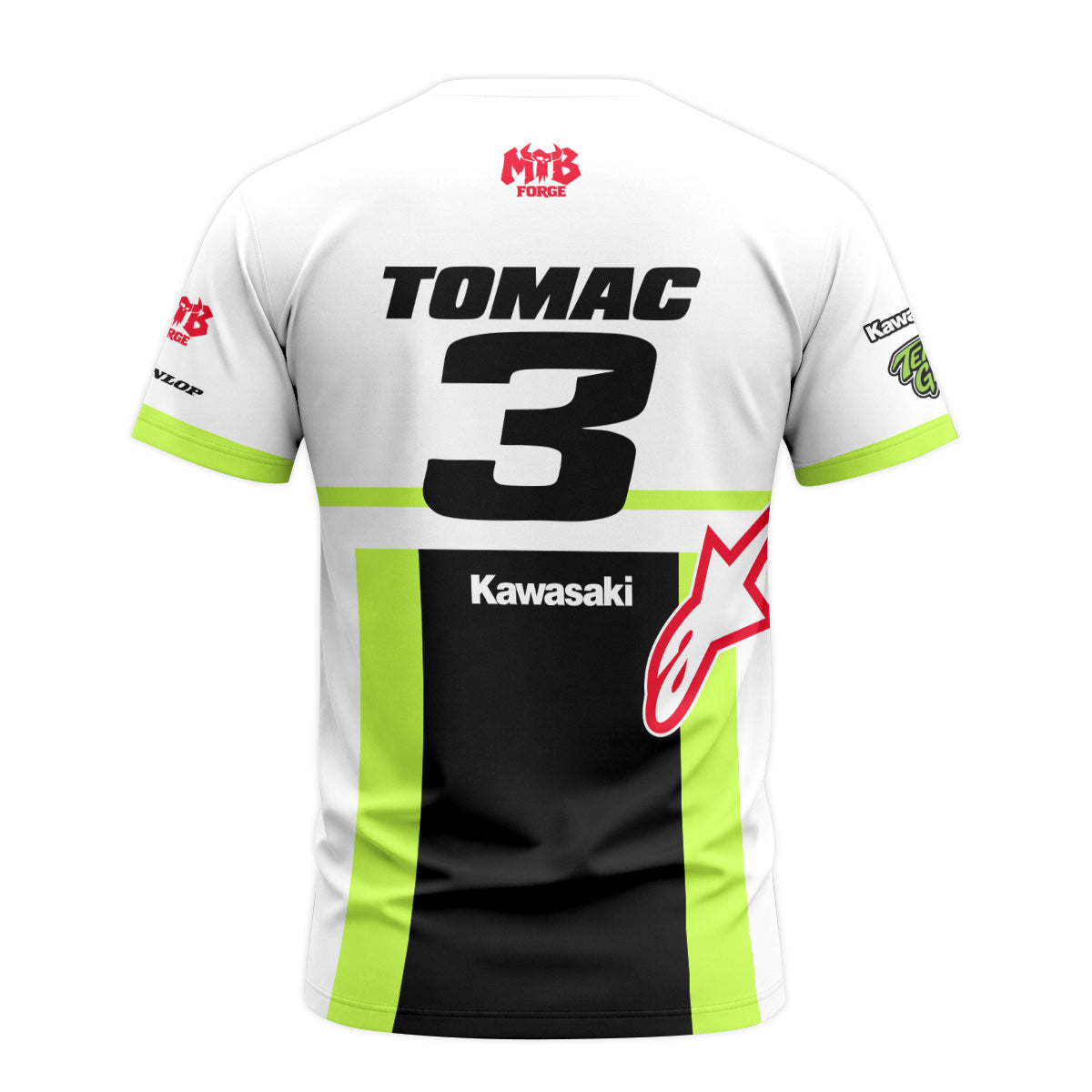 Tomac 3 Kawasaki White Neon Green Short Sleeve Motocross Jersey – Back View Mockup