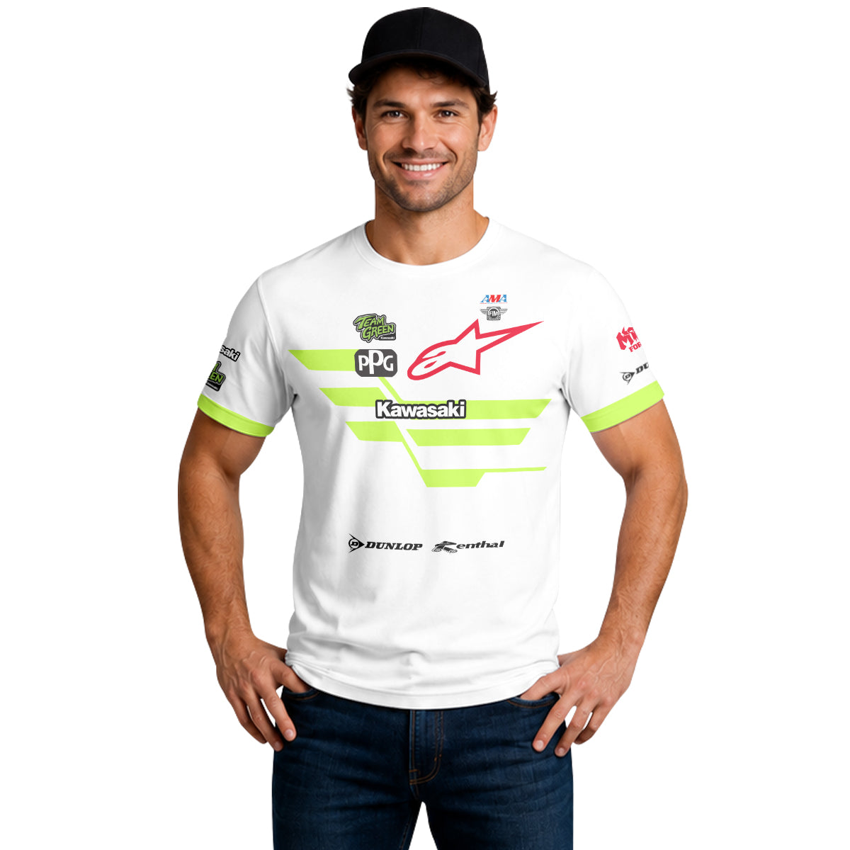Tomac 3 Kawasaki White Neon Green Short Sleeve Motocross Jersey – Lifestyle View