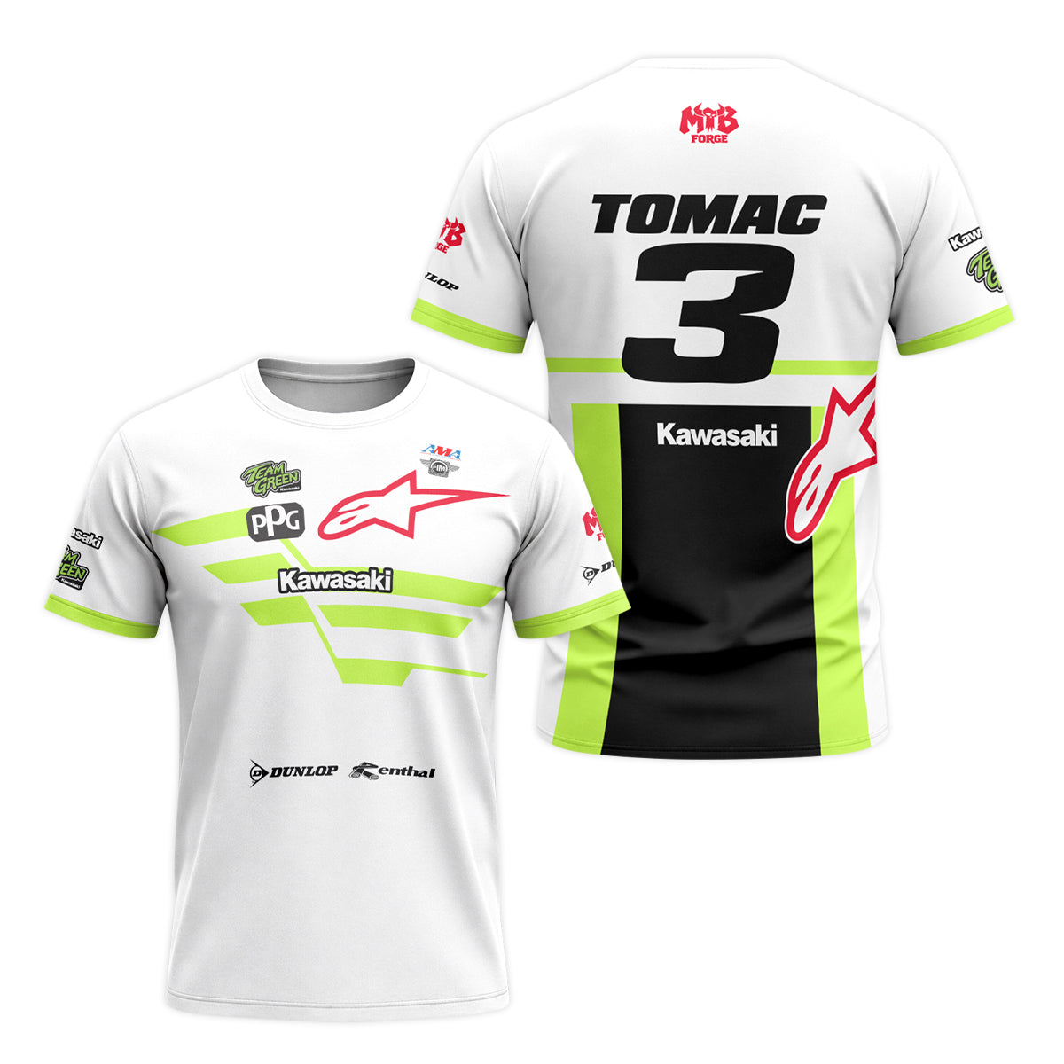 Tomac 3 Kawasaki White Neon Green Short Sleeve Motocross Jersey – Front and Back View