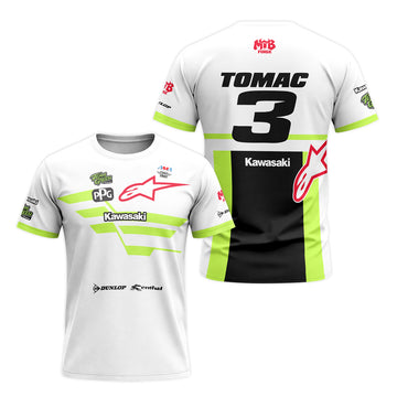 Tomac 3 Kawasaki White Neon Green Short Sleeve Motocross Jersey – Front and Back View