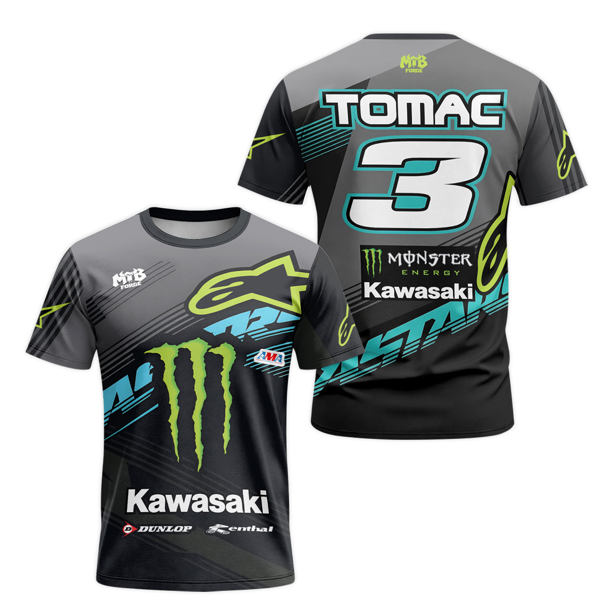 Tomac 3 Monster Energy Kawasaki Factory Short Sleeve Motocross Jersey - front and back view
