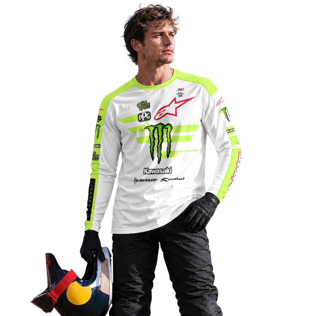 Tomac 3 Monster Energy Kawasaki White Neon Green Long Sleeve Motocross Jersey - lifestyle view