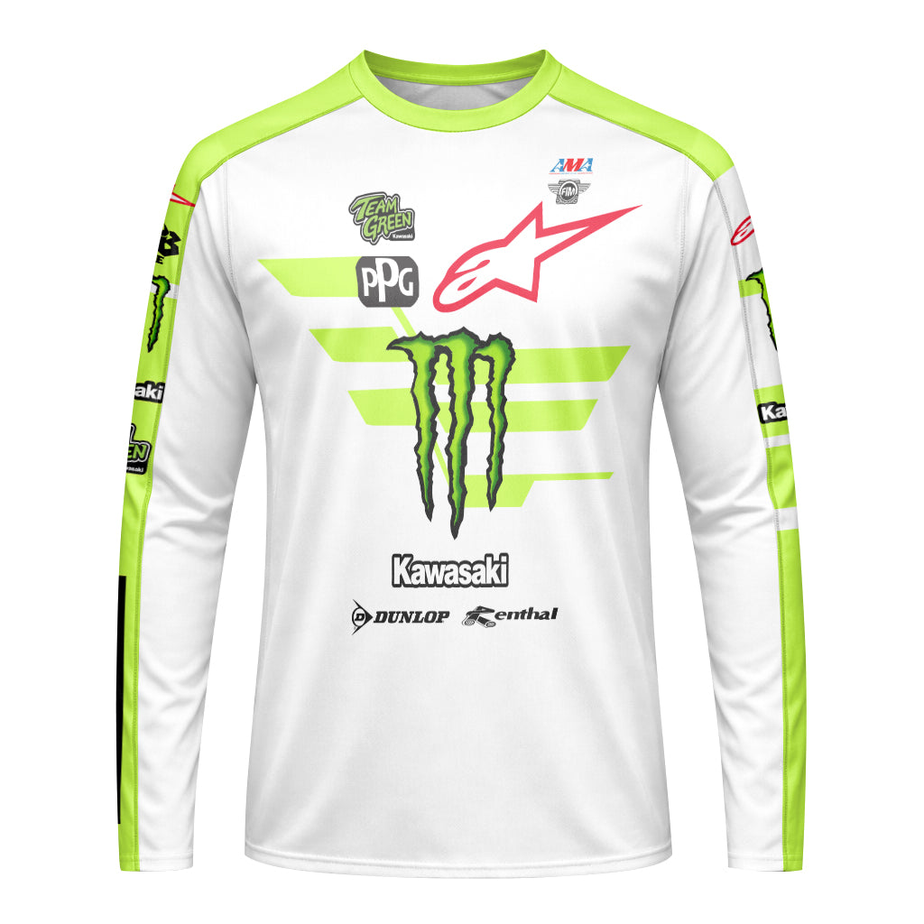 Tomac 3 Monster Energy Kawasaki White Neon Green Long Sleeve Motocross Jersey - front view mockup