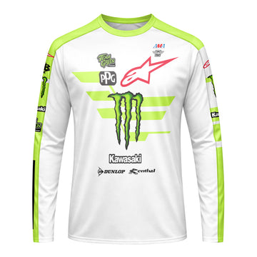Tomac 3 Monster Energy Kawasaki White Neon Green Long Sleeve Motocross Jersey - front view mockup