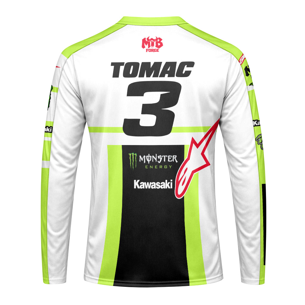 Tomac 3 Monster Energy Kawasaki White Neon Green Long Sleeve Motocross Jersey - back view mockup