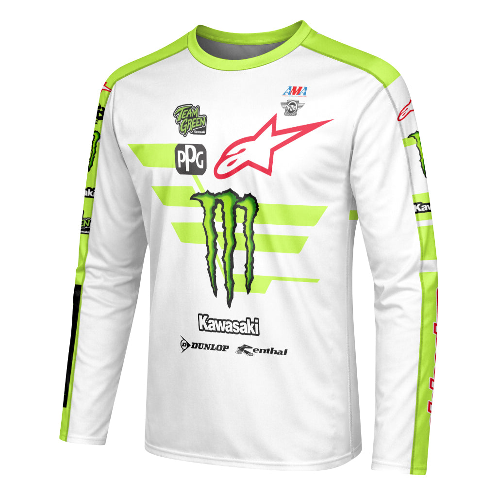 Tomac 3 Monster Energy Kawasaki White Neon Green Long Sleeve Motocross Jersey - left side mockup